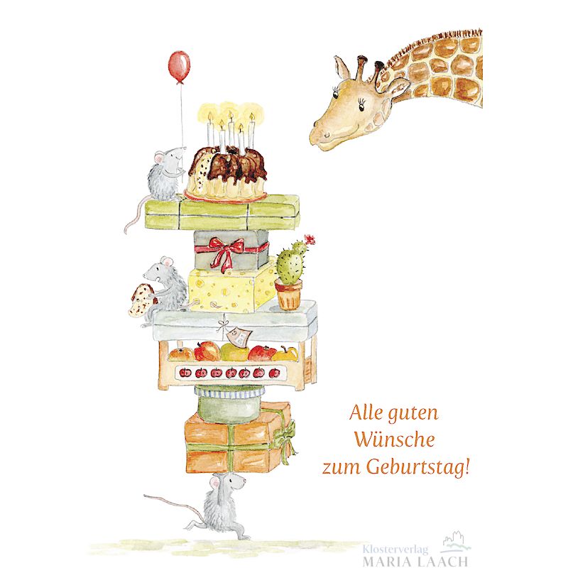Doppelkarte zum Geburtstag 'Mäuse und Giraffe'