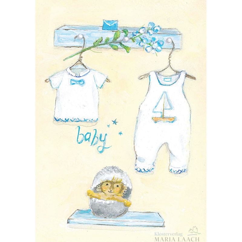 Doppelkarte aus Naturpapier zur Geburt 'Babykleidung Junge'