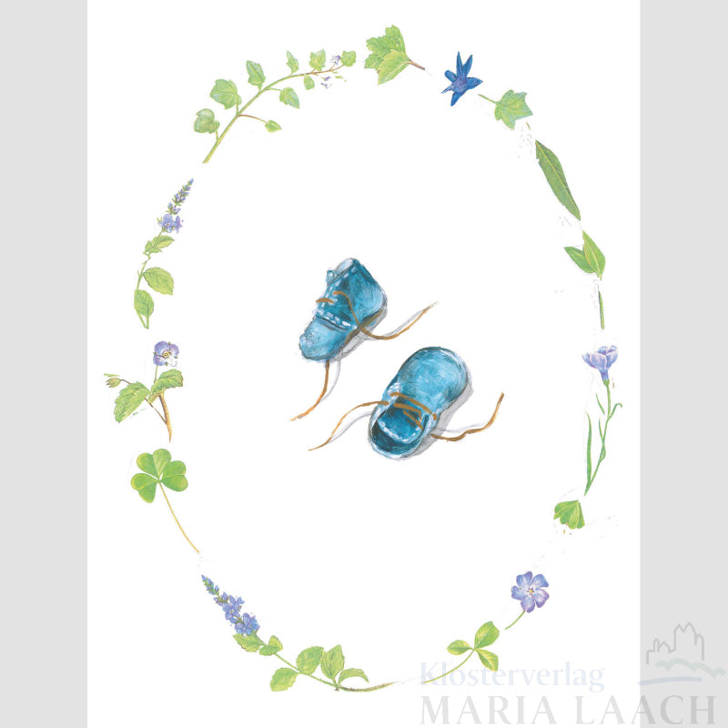 Doppelkarte aus Naturpapier zur Geburt 'Babyschuhe blau'