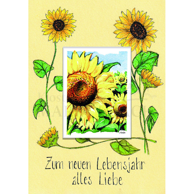 Zum neuen Lebensjahr alles Liebe - Sonnenblumen Doppelkarte mit Samentütchen