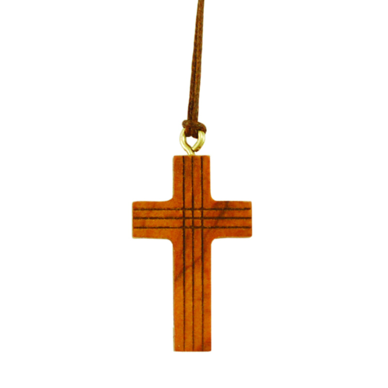 Halsanhänger Kreuz mit Linien aus Olivenholz