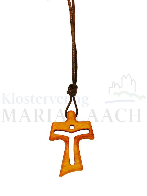 Foto: VE 5 Halsanhänger Kreuz Korpus ausgespart, Olivenholz, 3,2 x 2,1 cm, mit brauner Schnur