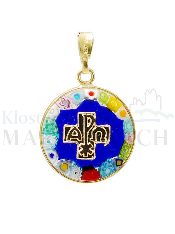 Foto: Halsanhänger Alpha Omega, klein, Muranoglas, Ø 1,8 cm, in blauer Geschenkschatulle
