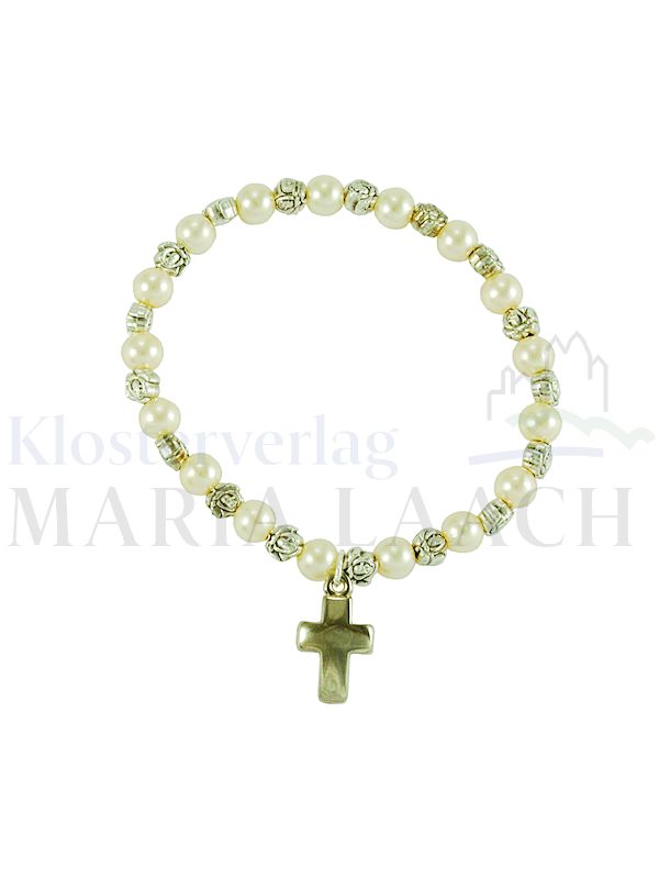 Foto: VE 5 Armband Perlenimitat, Metallrosen, mit Metall-Kreuz, Ø 6 cm