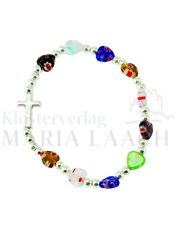 Foto: VE 5 Armband Muranoherzen bunt, mit Metall-Kreuz, Ø 6 cm