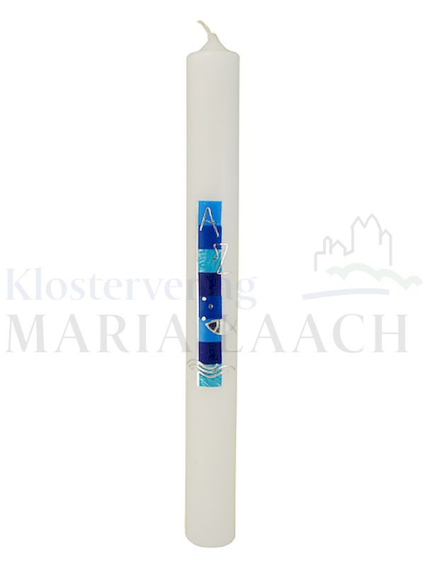 Foto: Kerze Türkis-Blau mit Alpha/Omega, Fisch/Wellen in silber, 400/40 mm