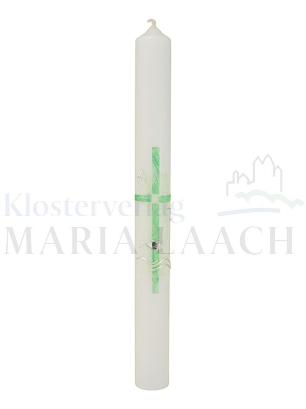 Foto: Kerze Grünes Kreuz mit Alpha/Omega, Fisch/Wellen in silber, 400/40 mm