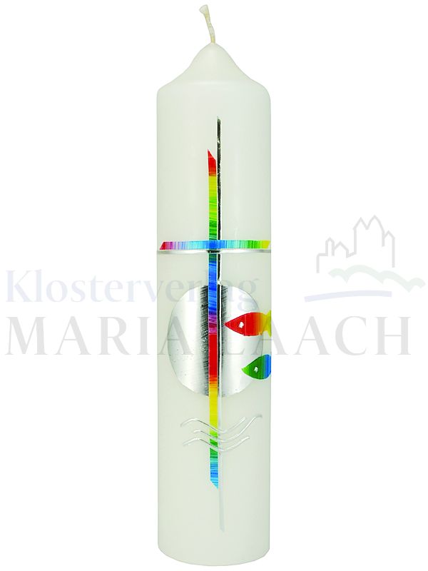 Foto: Kerze Kreuz / Taufsymbole regenbogenfarben auf silberner Scheibe, 265/60 mm