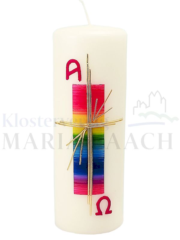 Foto: Kerze Strahlenkreuz / Regenbogen mit Wachsauflage, 200/70 mm