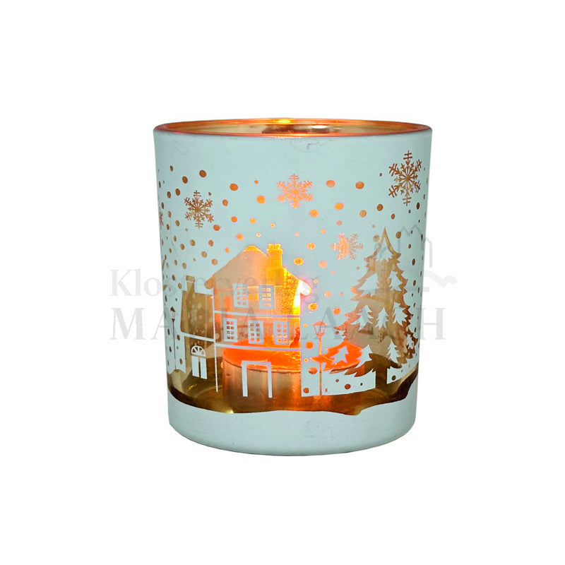 Glas-Windlicht Weihnachtsdorf weiß inkl. Teelicht