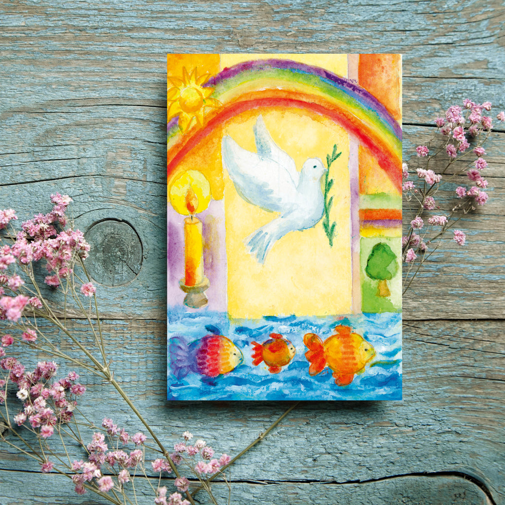 Grußkarte zur Taufe „Regenbogen / Taube"