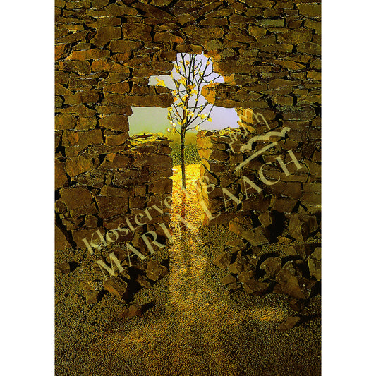 Kondolenzkarte - Steinmauer - Kreuz - Baum