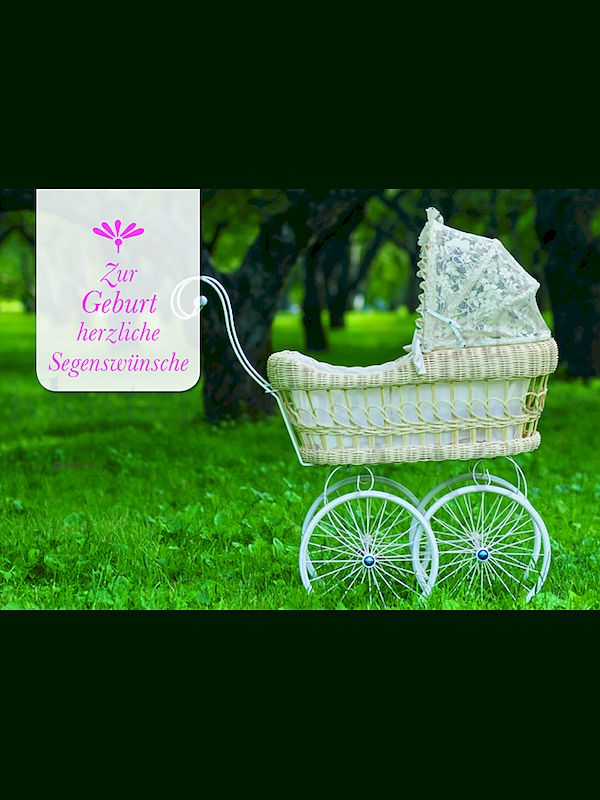 Foto: Zur Geburt herzliche Segenswünsche (Kinderwagen auf Wiese)