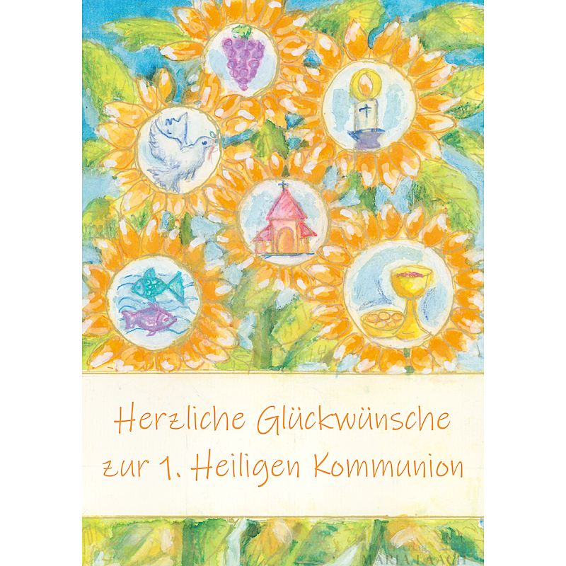 Doppelkarte zur Erstkommunion 'Sonnenblume / Symbole'