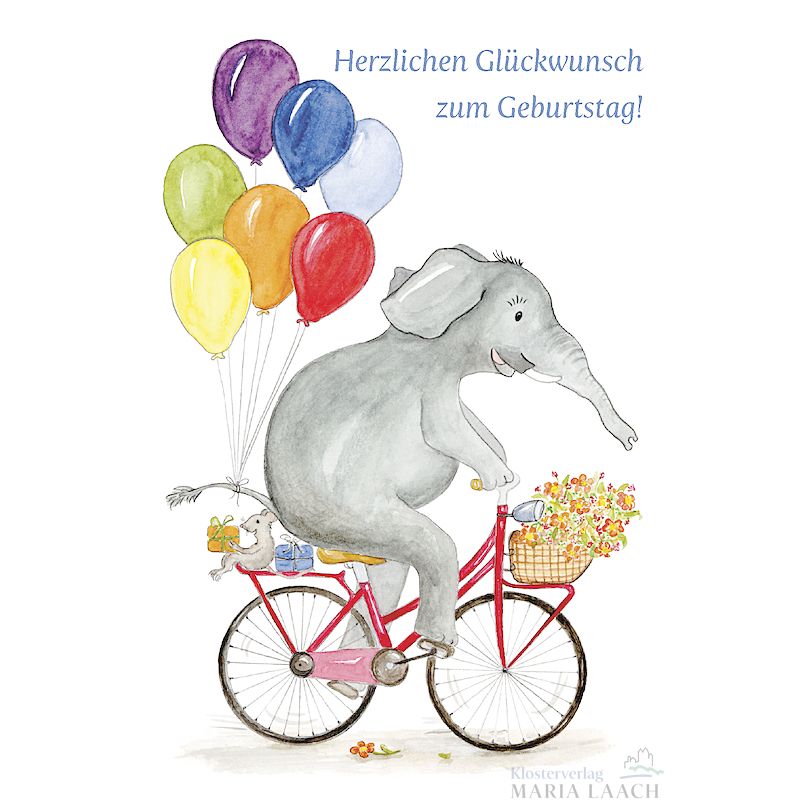 Doppelkarte zum Geburtstag 'Elefant auf Rad'