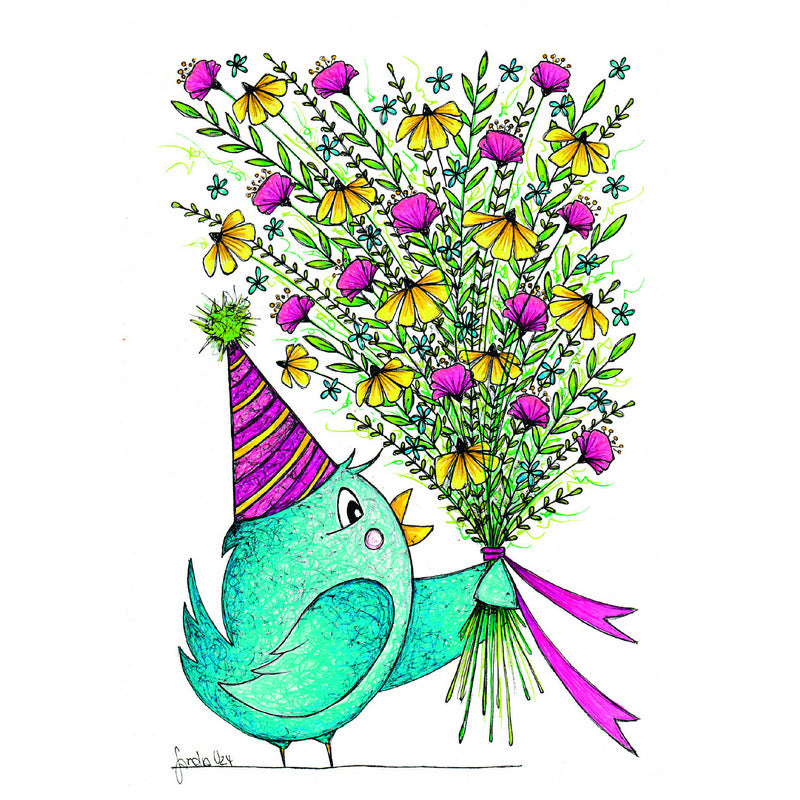 Doppelkarte in Naturpapier zum Geburtstag "Vogel mit Blumen"