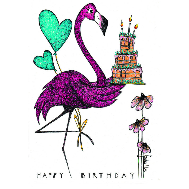 Doppelkarte in Naturpapier zum Geburtstag "Flamingo"