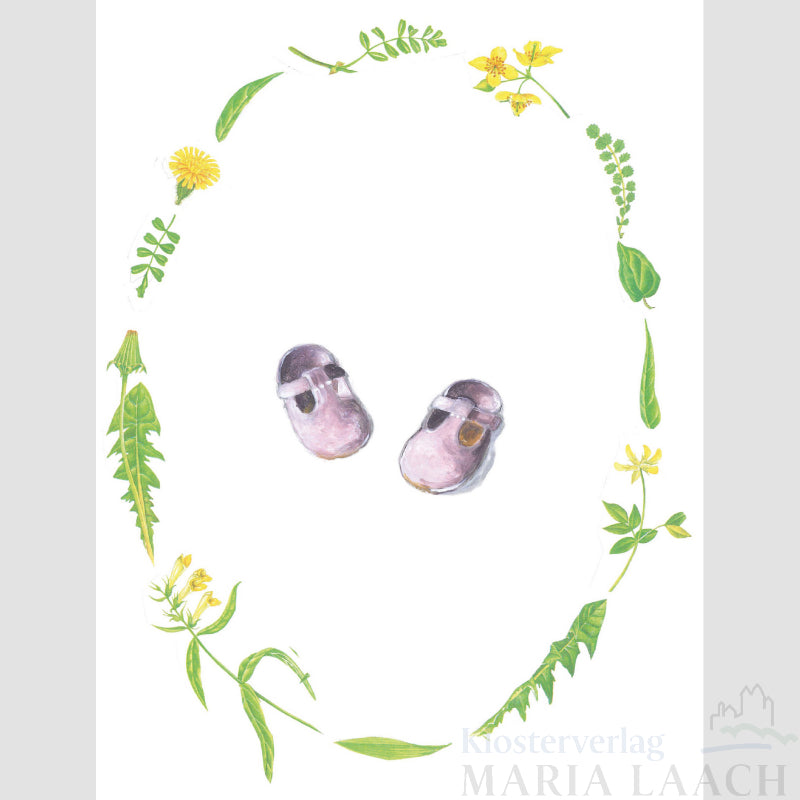 Doppelkarte aus Naturpapier zur Geburt 'Babyschuhe rosa'