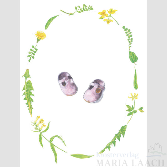 Doppelkarte aus Naturpapier zur Geburt 'Babyschuhe rosa'