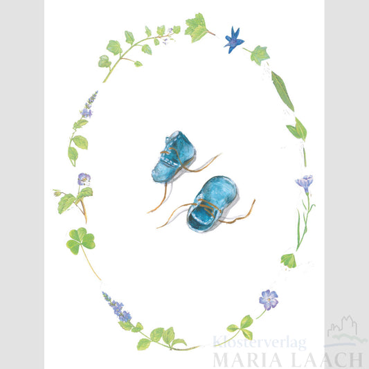 Doppelkarte aus Naturpapier zur Geburt 'Babyschuhe blau'