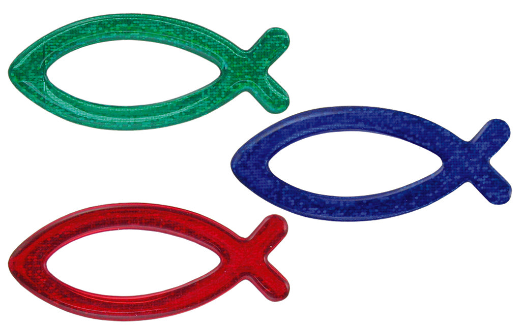 Foto: VE 10 Fischsymbol 3 Farben gemischt,  4 x 9 cm