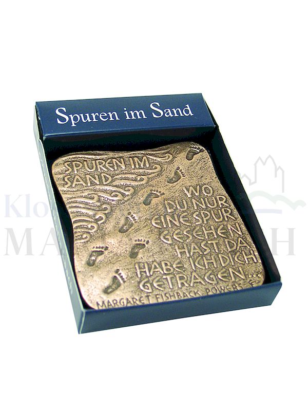 Foto: Spruchrelief Spuren im Sand, 7 x 7 cm, in blauer Klarsichtschachtel