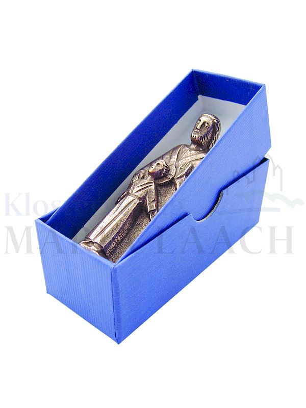 Foto: Figur Hl. Josef mit Jesuskind, vollplastisch, 8 cm hoch, in blauer Geschenkschachtel