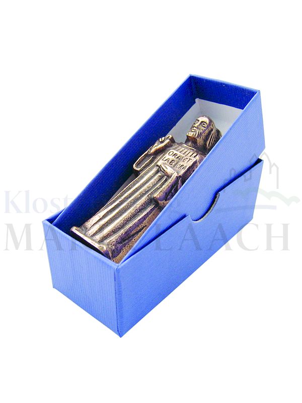 Foto: Figur Hl. Benedikt von Nursia, 8 cm hoch, in blauer Geschenkschachtel