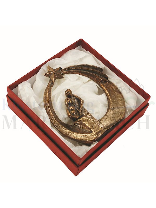 Foto: Steh-Plakette Krippenszene mit Stern (durchbrochen) ,11 x 10 cm, mit Expertise, in roter Geschenkschachtel