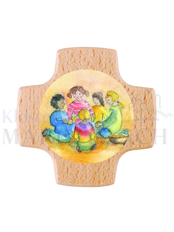 Foto: Kreuz Kinder beim Mahl, Buche, 8 x 8 cm