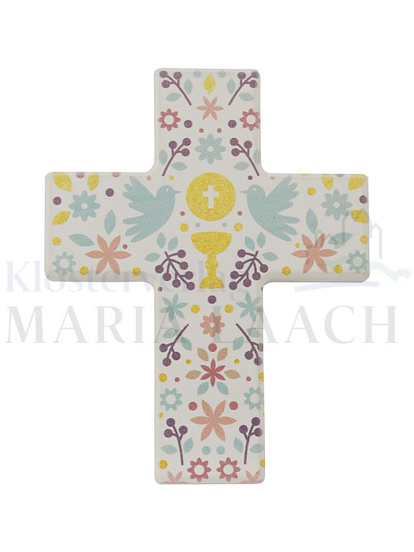 Foto: Kreuz Symbole Kelch / Brot / Tauben, Holz weiß, 9 x 7 cm