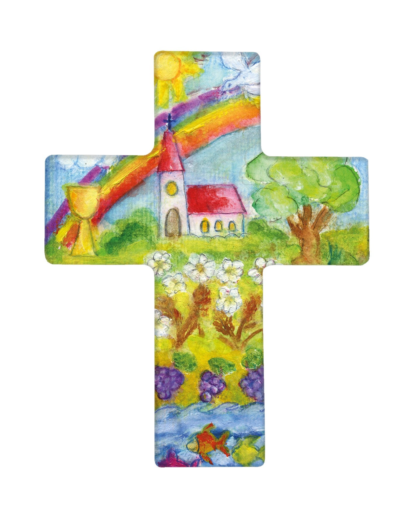 Foto: Kreuz Regenbogen, Buche, weiß, 9 x 7 cm