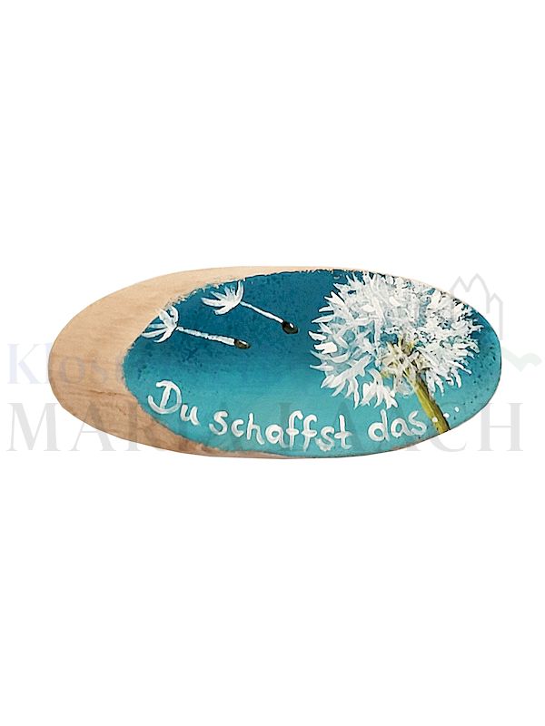 Foto: VE 5 Holzhandschmeichler Pusteblume türkis Du schaffst das, ca. 2,5 x 6,5 cm