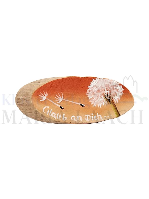 Foto: VE 5 Holz-Handschmeichler Pusteblume gelb-orange Glaub an dich, ca. 2,5 x 6,5 cm