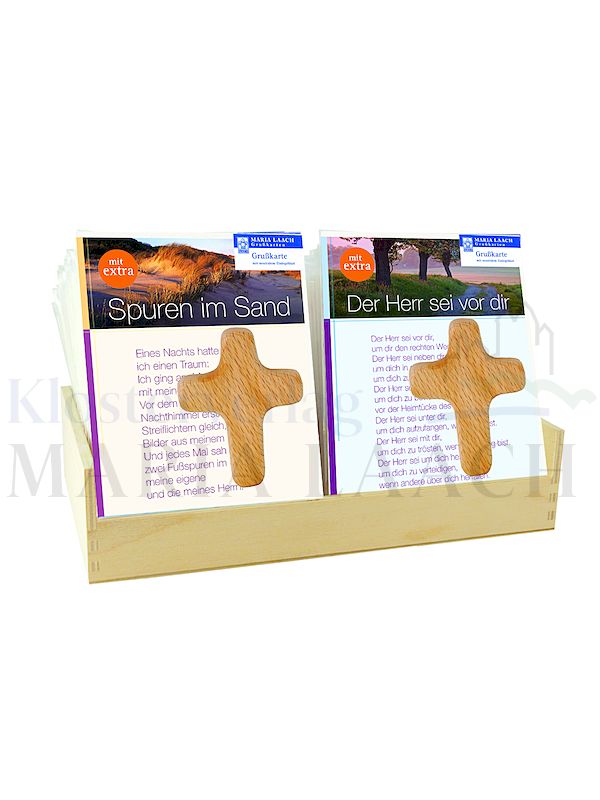 Foto: Theken-Display mit 6 x 3 Handschmeichlerkreuze & Grußkarte mit Gebetstext