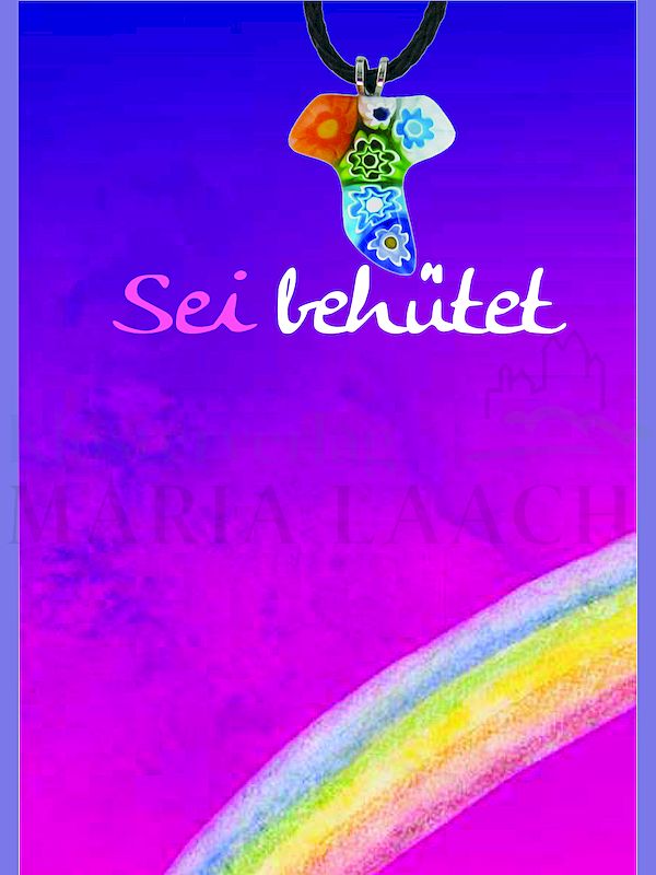 Foto: Halsanhänger Tau-Kreuz bunt, auf Minicard Sei behütet, 11,2 x 8 cm