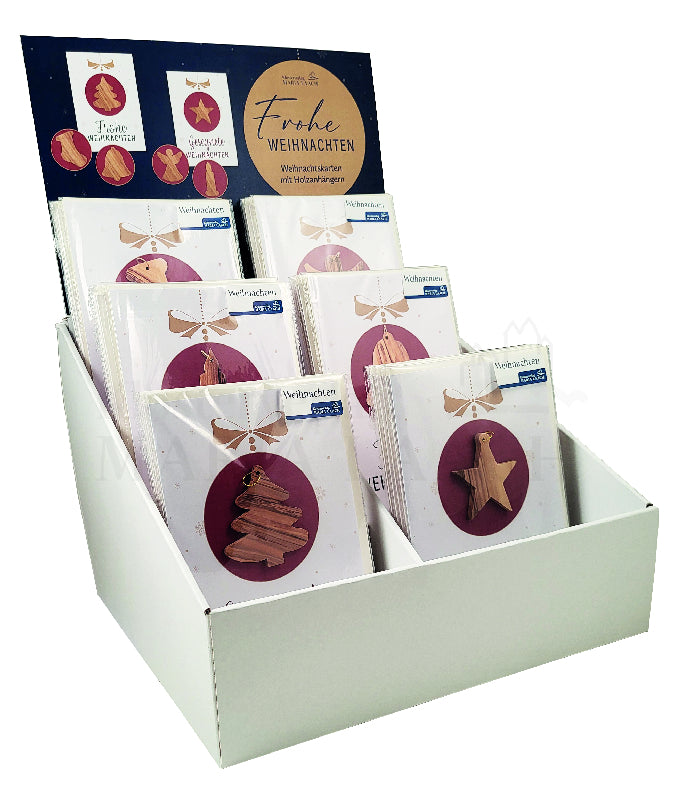 Verkaufsdisplay 6 x 6 Weihnachtskarten mit Anhänger aus Olivenholz