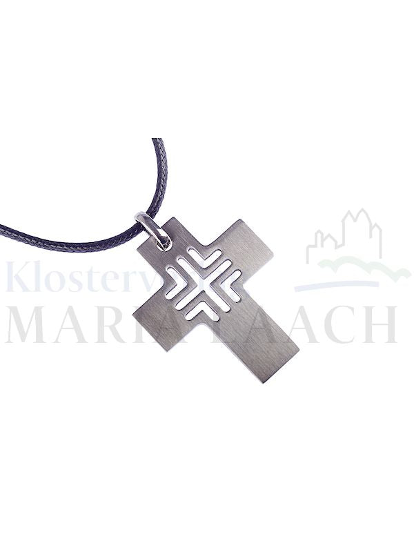 Foto: Halsanhänger Kreuz in Kreuz, Edelstahl, 3 x 3,8 cm, mit brauner und schwarzer Schnur