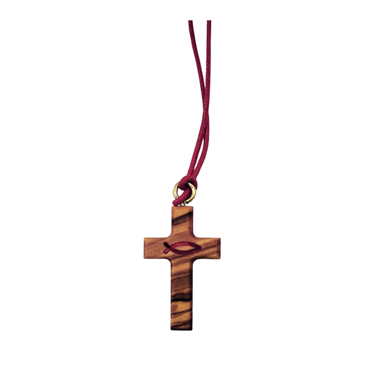 Halsanhänger Kreuz mit Fisch, mit roter Schnur