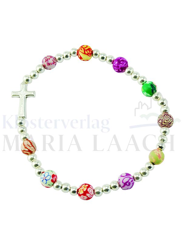 Foto: VE 5 Armband Kunststoff bunt (kleine Perlen), mit Metall-Kreuz, Ø 6 cm