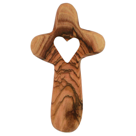 Handkreuz aus Olivenholz mit Herz
