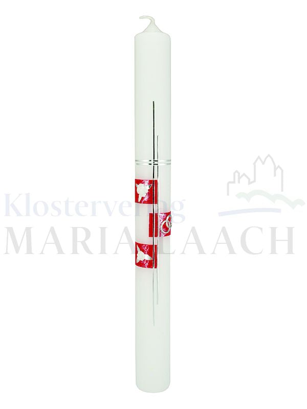 Foto: Kerze Kreuz silber mit Trausymbolen auf rot, 400/40 mm