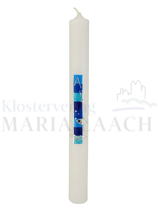 Foto: Kerze Türkis-Blau mit Alpha/Omega, Fisch/Wellen in silber, 400/40 mm