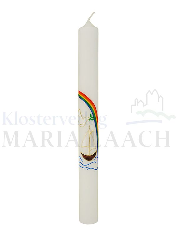 Foto: Kerze Regenbogen mit Taube, Schiff und Wellen, 400/40 mm