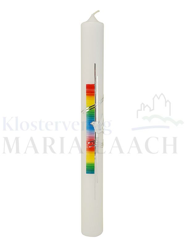 Foto: Kerze Regenbogenfarben-silber mit Taube und Wellen, 400/40 mm