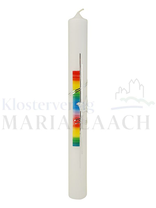 Foto: Kerze Regenbogenfarben-silber mit Taube und Wellen, 400/40 mm