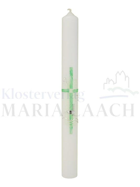 Foto: Kerze Grünes Kreuz mit Alpha/Omega, Fisch/Wellen in silber, 400/40 mm