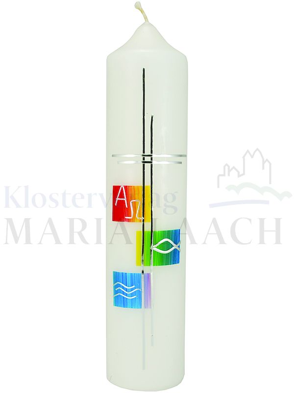 Foto: Kerze Kreuz / Taufsymbole silber auf regenbogenfarben, 265/60 mm