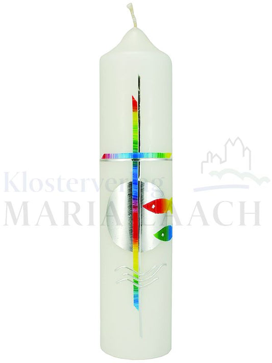 Foto: Kerze Kreuz / Taufsymbole regenbogenfarben auf silberner Scheibe, 265/60 mm