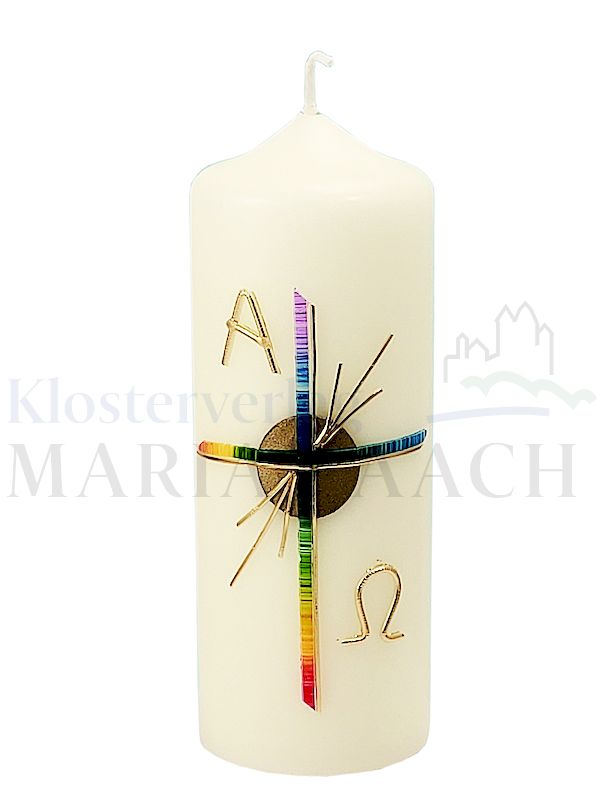 Foto: Kerze Regenbogenkreuz mit Wachsauflage, 165/60 mm